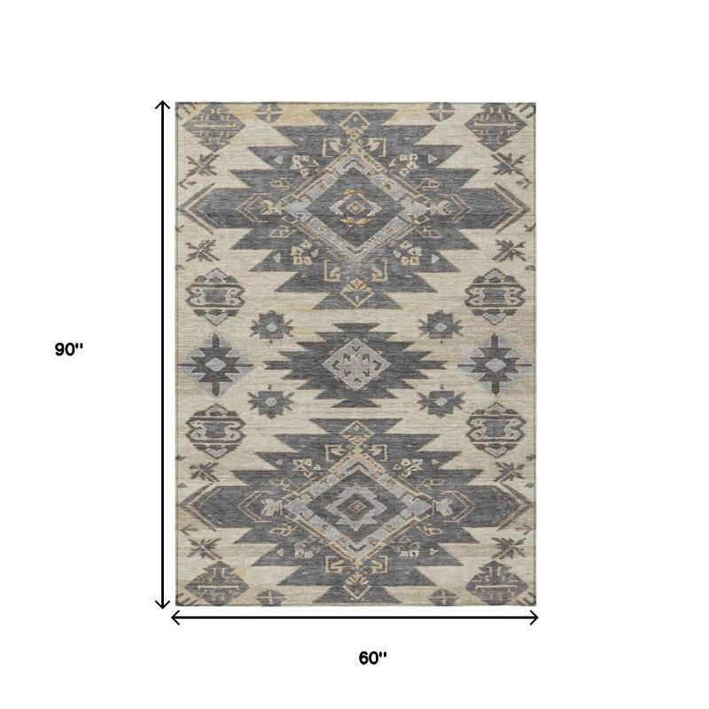 Tapis extérieur lavable tribal beige et gris 5 pi x 8 pi