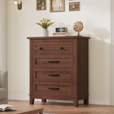 34 Inch 4-Drawer Vertical Chest, Solid Wood Storage Dresser for Bedroom, Living Room, Walnut Finish