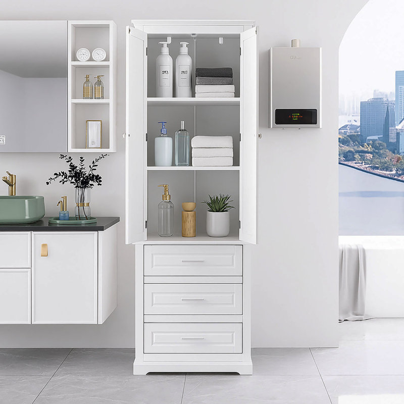 Madrona Modern Minimalist Freestanding Wooden Tall Wardrobe Linen Cabinet, White