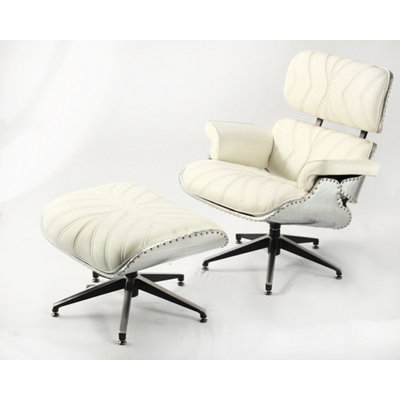 Fauteuil et repose-pieds en cuir blanc