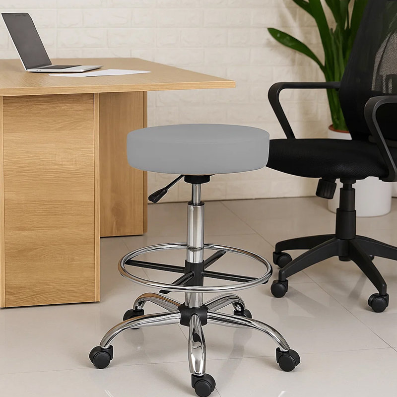 Tabouret de dessin médical Fea, vinyle rond gris, repose-pieds chromé, Gris