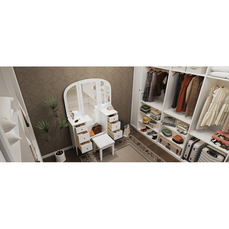 Bureau de coiffeuse antique avec miroir triple, ensemble de coiffeuse à 6 tiroirs avec tabouret, miroir pleine grandeur pour le vestiaire de la chambre à coucher, blanc