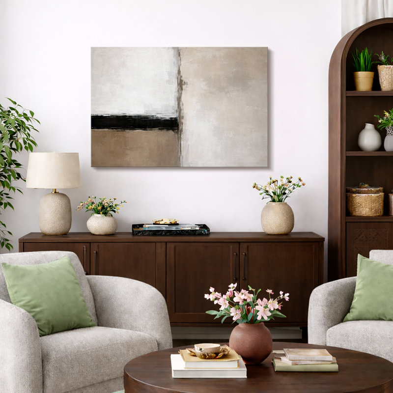 Composition de bloc neutre minimaliste, accent horizontal noir avec équilibre géométrique beige et blanc, conception abstraite contemporaine, impression sur toile encadrée, impression numérique