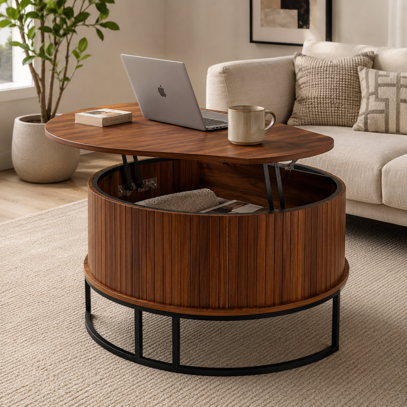 Table basse ronde à plateau relevable avec rangement dissimulé et conception cannelée