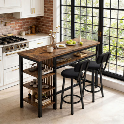 Ensemble table et chaises de salle à manger 3 pièces pour 2 personnes, ensemble table de bar moderne avec 2 tabourets de bar pour appartement, ensemble table de cuisine gain de place avec étagère à 3 niveaux pour petits espaces, brun
