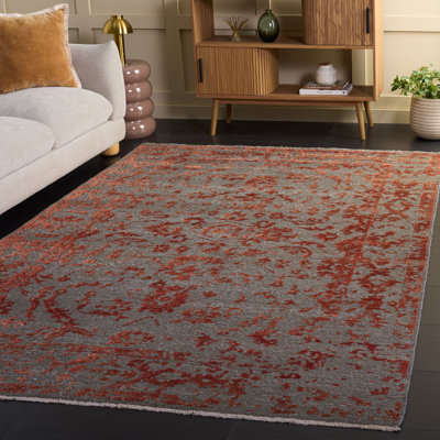Tapis floral rouge / gris en coton noué à la main Centennial