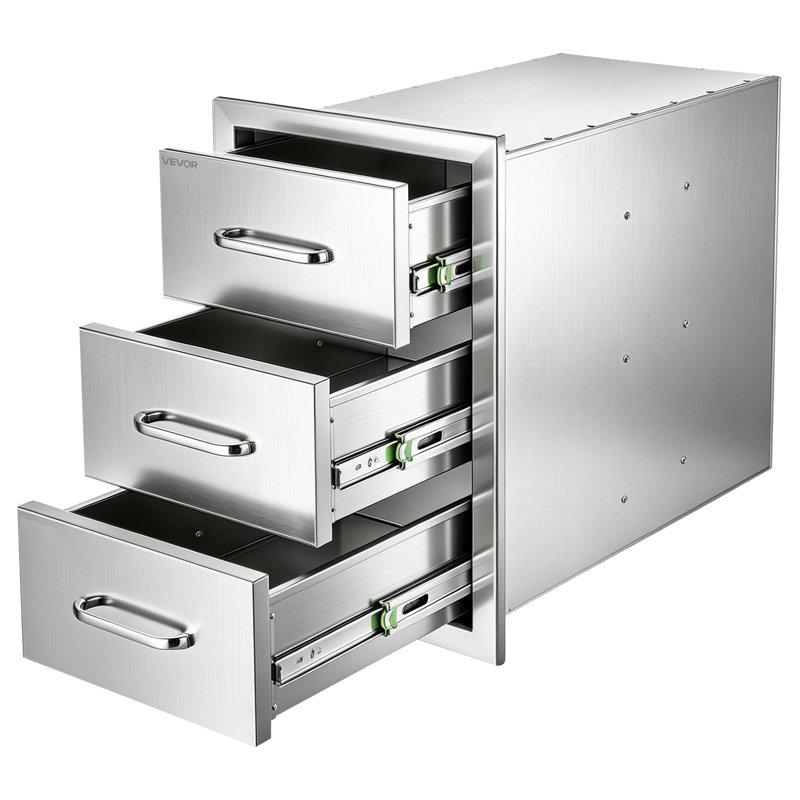 Outdoor Kitchen Drawers, 22"W x 20"H x 14"D, 3-Tier Storage Access, for BBQ Island Storage, Patio Bars and Grill Station, with Handle, Built-In BBQ Island Drawers Organize Cookware Accessories
