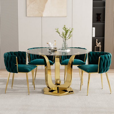 Ensemble de table de salle à manger 38,9 po en verre trempé pour 4 personnes, table de cuisine moderne avec base en acier inoxydable doré et 4 chaises rembourrées en velours, ensemble de salle à manger 5 pièces pour appartement, maison - chaise verte
