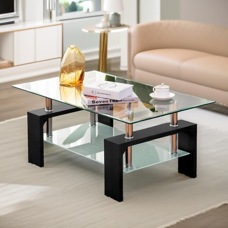 2 Tier Glass Table with Storage Shelf, Living Room Furniture, Black