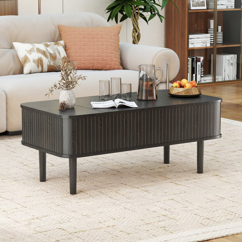 39.4'' Mid-century Modern Lift-top Coffee Table, Hidden Storage & Flip Top, Fluted Center Table, Black