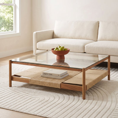 47" Glass Acacia Coffee Table