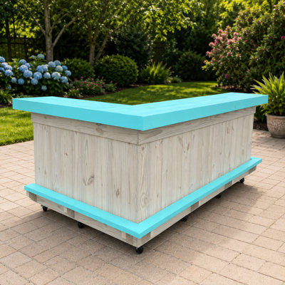 8 pi X 4 pi Comptoir de bar extérieur en bois avec bordure turquoise et roulettes