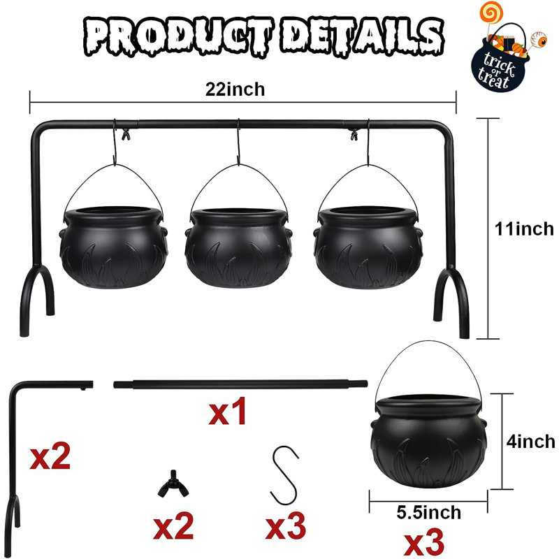 Ensemble de 3 bols à chaudron en plastique noir avec support en fer, bols de poinçon Spooky pour table