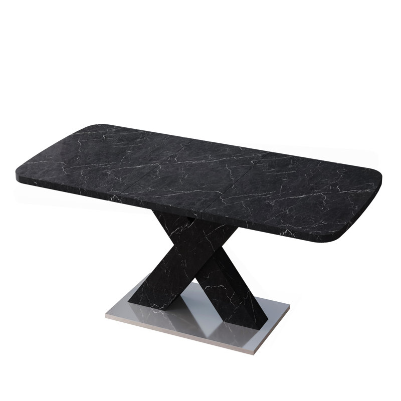 Modern Stretchable Square Dining Table With Printed Black Marble Table Top And MDF X-Shape Table Legs And Metal Base, Black