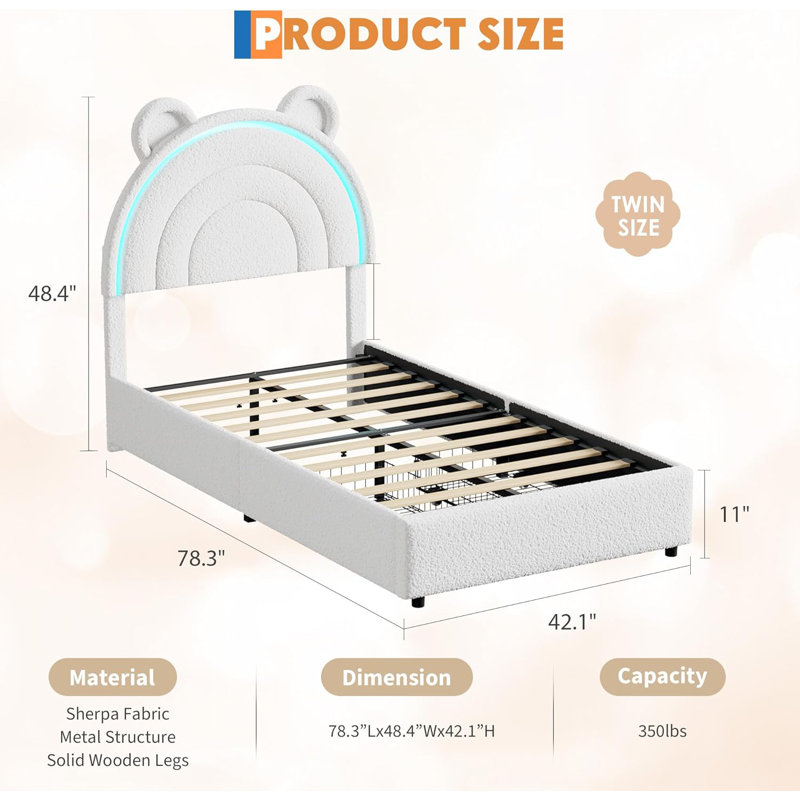 Structure de lit simple avec 4 tiroirs de rangement et lumières DEL, lit plateforme tapissier en velours avec tête de lit arc-en-ciel, support de lattes en bois massif, aucun sommier nécessaire