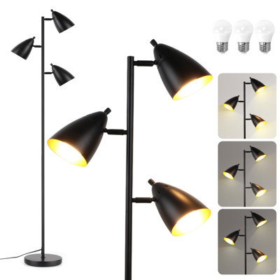 Lampe sur pied d'arbre pour le salon, lampe sur pied industrielle à 3 lumières avec 3 ampoules à DEL, têtes rotatives réglables, lampe sur pied de style campagnard debout pour bureau de chambre à coucher (noir)