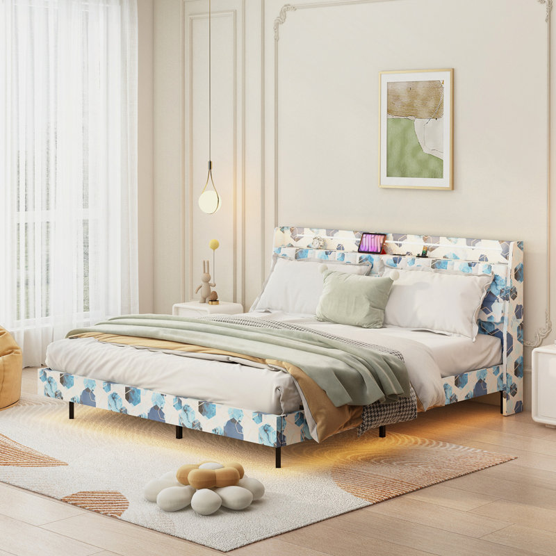 Lit moderne, cadre de lit flottant avec lumière DEL et base de lit tapissier avec tête de lit et espace de rangement caché, aucun sommier nécessaire