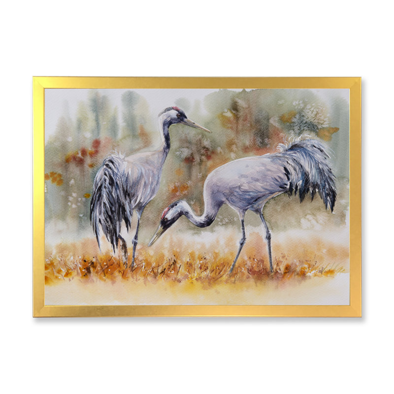 Deux grues dans les prés - Reproduction de photo sur toile, H 16 po x l 32 po x P 1 po, Cadre doré
