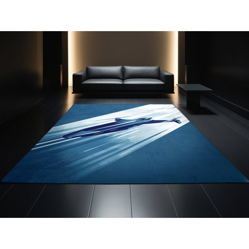 Machine Washable Maurice Flying Taxi Drone Modern Rug in Blue – Navy Binding, 2x3