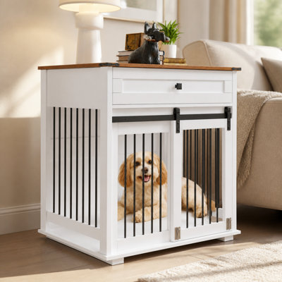 Meubles pour cage de chien en bois avec porte coulissante de style grange et tiroir de rangement, barre métallique robuste et résistante aux morsures, table d'appoint pour niche intérieure