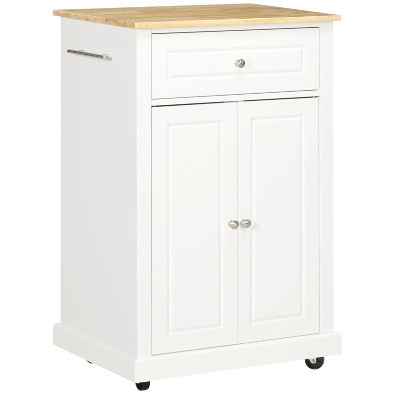 Chariot de service 62,9 x 45,7 x 91,4 cm (24,75 x 18,0 x 36,0 pouces) en MDF blanc monobloc, avec tiroirs et étagères ouvertes.