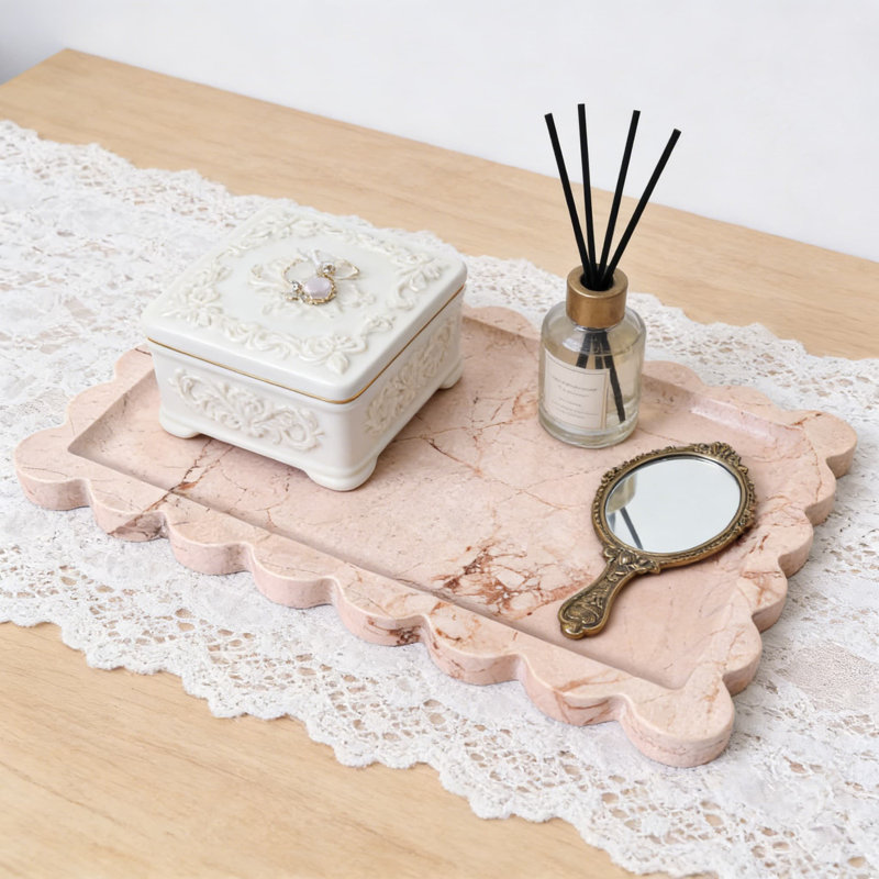Natural Rose Pink Marble Serving Tray With Scalloped Rim, Handcrafted Luxury Stone Tray For Vanity, Bathroom, Kitchen, And Home Decor