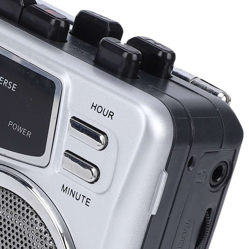 Lecteur de cassettes multifonctionnel avec haut-parleur, prise casque, horloge numérique, minuteur, microphone intégré, radio AM/FM rétro et enregistreur.