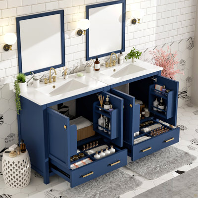 60" Blue Bathroom Vanity Set with Double Vanities (Separate), Double Ceramic Sinks, Storage Shelf, and Divided Drawers  (Mirror not included)– Modern Bathroom Solution for Spacious Bathrooms