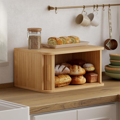Roll Top Bread Box for Kitchen Countertop, Bamboo Bread Storage | Airtight Bread Containers, Large Bread Bin with Sliding Door for Loaves, Bagels, Countertop Storage Cabinet, Natural, Medium