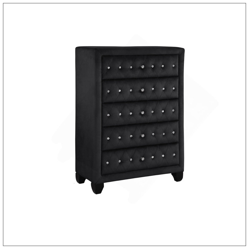 Sophia Modern Style Crystal Tufted Upholstery 5-Drawer Chest Finished With Velvet Fabric Made With Wood, Black