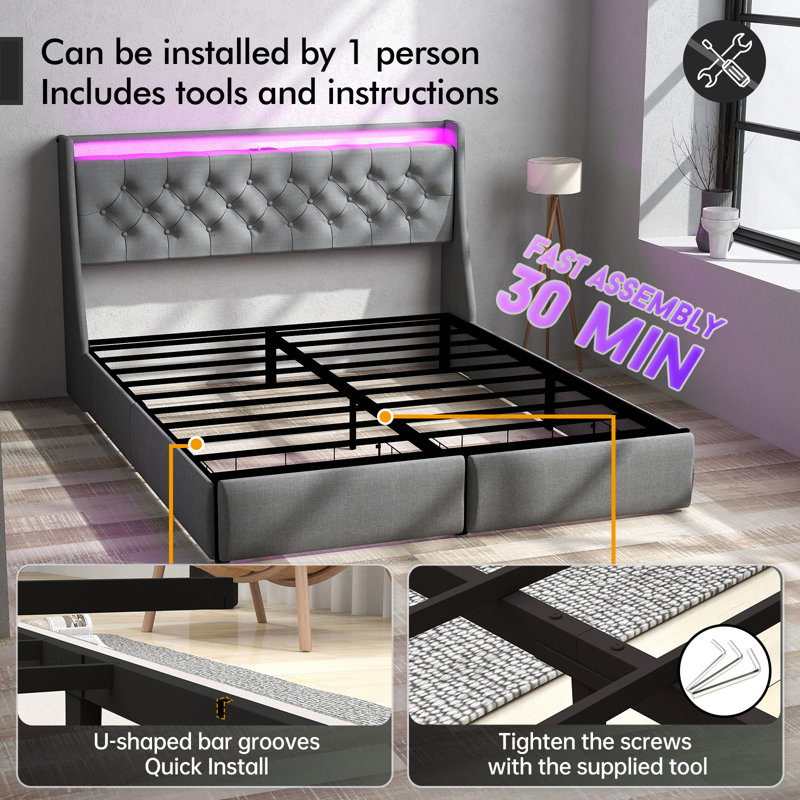 Gray Queen Upholstered Bed Frame with LED Lights and Storage