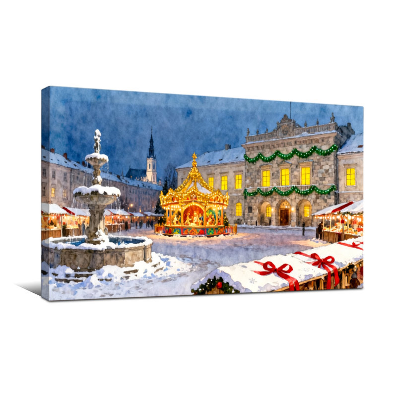 Scène de marché de Noël avec carrousel et fontaine, H 20 po x l 40 po