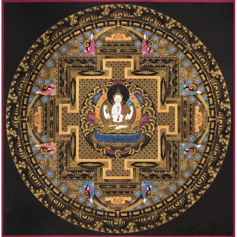 Chengrezig Mandala Black Background (Brocadeless Thangka)