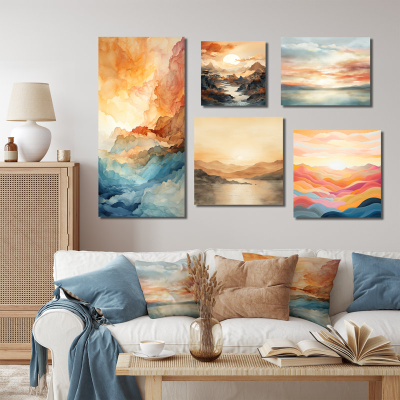 «Bold Sunset Coastal Horizon - Sunrises Sunset», ensemble de 5 reproductions d'art mural, Toile tendue