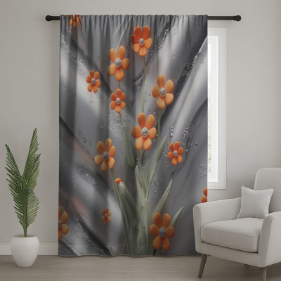Fleurs orange sur rideaux de fenêtre argentés, voilages et voilages à fleurs - 1 panneau
