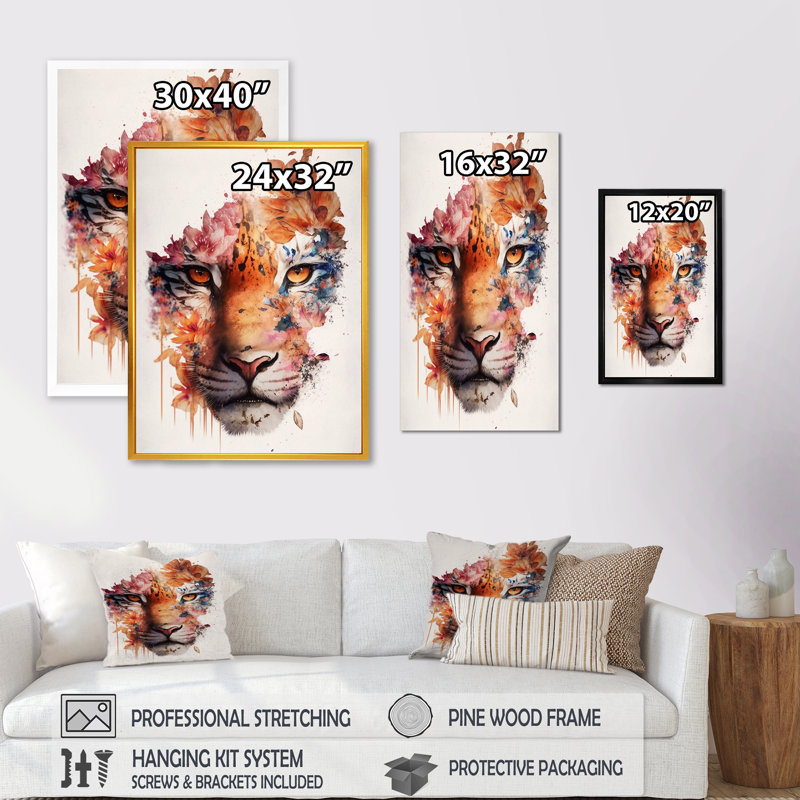 Portrait de tigre avec fleurs III - reproduction sur toile, H 20 po x l 12 po x P 1 po, Impression noire sur toile encadrée