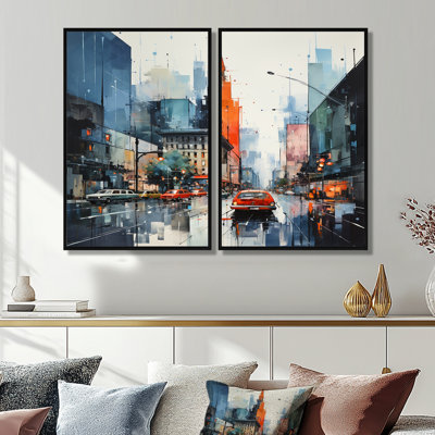 Blue Grey Mid Century Midcentury Metropolis I - Multi-Colour Mid-Century Modern Wall Art