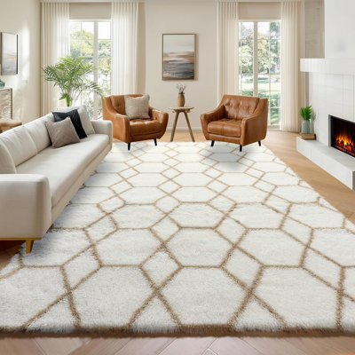 6X9 Large White Beige Geometric Area Rug, Soft Fuzzy Shaggy Plush Fluffy Moroccan Carpet For Living Room Bedroom Dorm Classroom Farmhouse, Aesthetic Home Decor Floor Mat