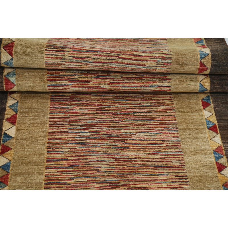Tapis de couloir 2,8 po x 11,5 pi beige, brun et rouge noué à la main pour la cuisine, tapis de couloir en laine, tapis de couloir, tapis d'escalier