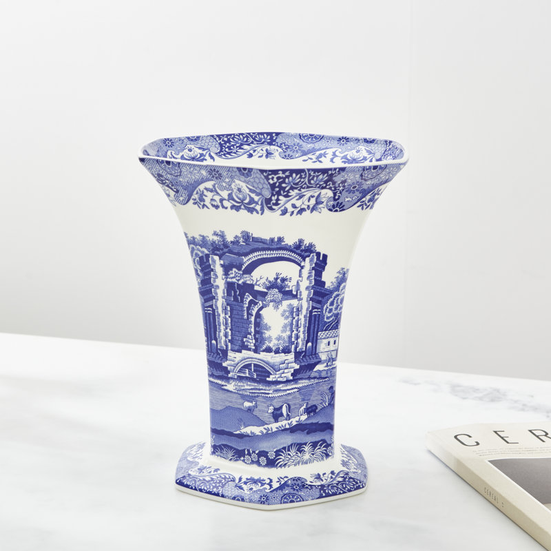 Hexagonal Blue Italian Porcelain Table Vase, 10" Geometric Design