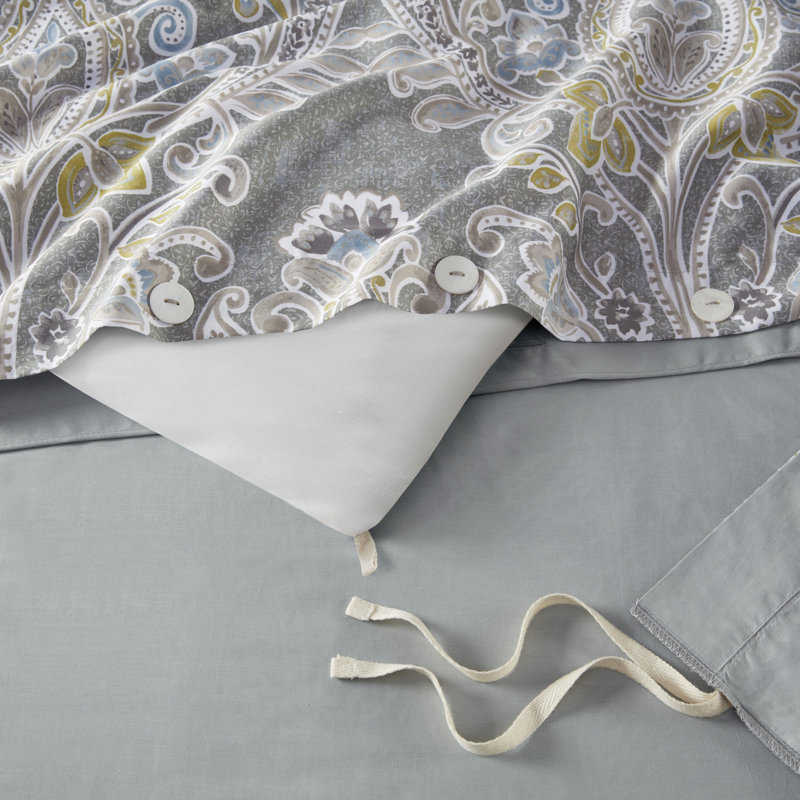 Elegant Grey Damask 5-Piece Cotton Duvet Cover Set