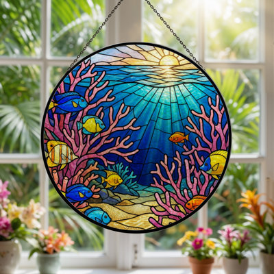 7.8"H Underwater Scene Stained Glass Window Panel