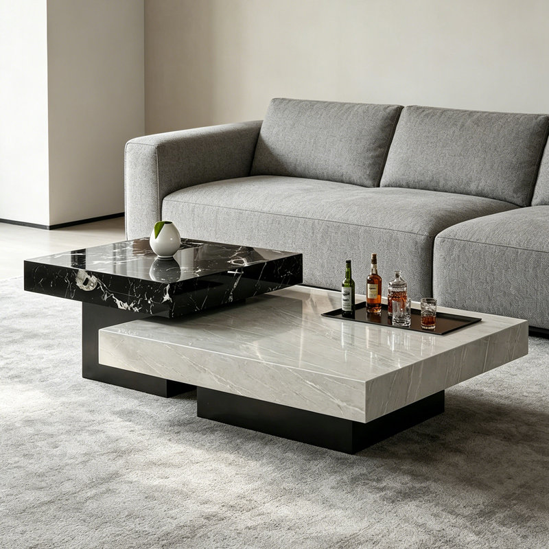 Table basse carrée en marbre de style luxueux, H 11,8 po x L 43,3 po x l 43,3 po