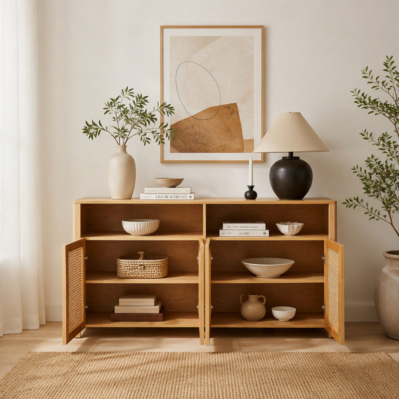 Buffet Mid-Century en rotin de style Mid-Century, Naturel