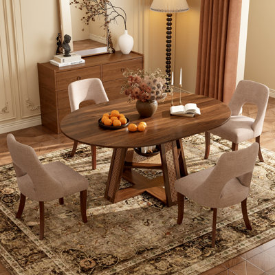 Ensemble de table de salle à manger extensible ronde à ovale avec chaises rembourrées en chenille, base en forme de croix avec tablette de rangement