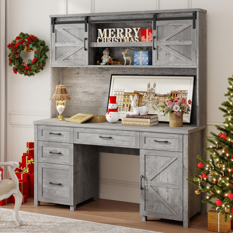 67''H Executive Desk With Hutch & 5 Drawers, Black/White