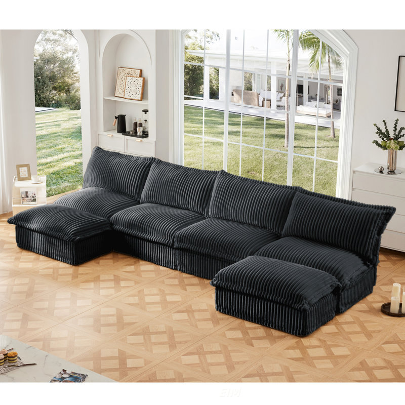 Slipcovered U-Shape 4 Seater Sectional Sofa With Reversible Ottoman, Deep Seat Comfort And Elegant Corduroy Design