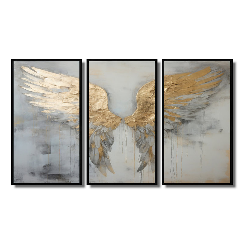 Dicha - Ailes d'ange, ensemble de décorations murales, H 28 po x l 36 po x P 1 po, Cadre flottant noir