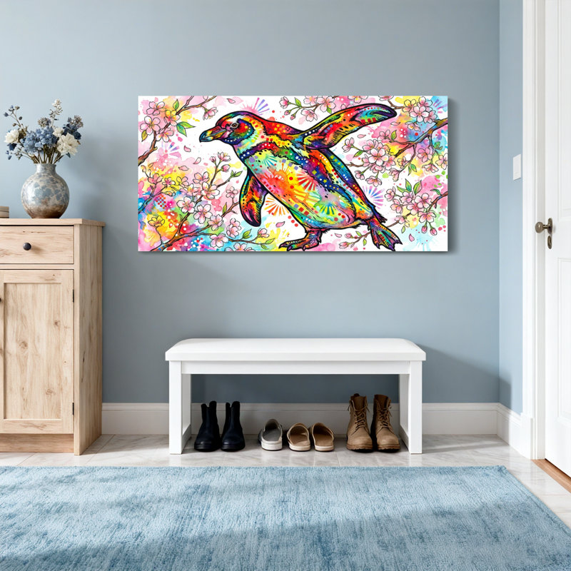 Animaux pingouins colorés sur fond de fleurs de cerisier, H 20 po x l 40 po