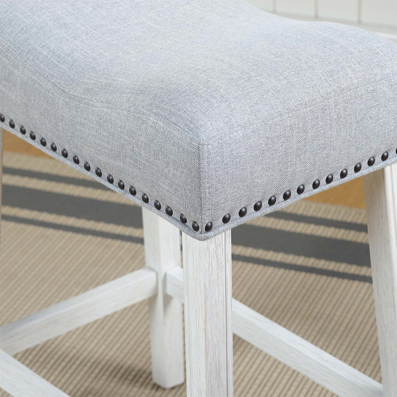Tabourets rembourrés à hauteur de comptoir - siège de selle, finition patinée, tissu gris clair, ensemble de 2, Gris, Blanc